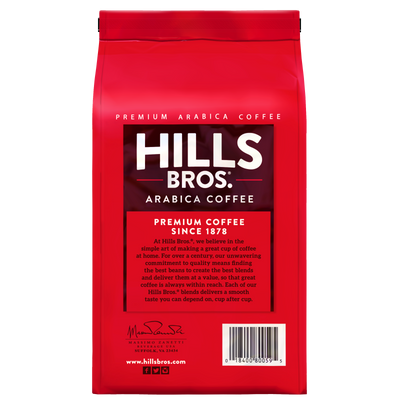 A red bag of Hills Bros. Coffee Dark Satin Dark Roast Whole Bean, featuring white text highlighting the brand’s heritage and commitment to quality since 1878, crafted from premium Arabica coffee beans. This gluten free whole bean coffee ensures a rich, flavorful cup that everyone can enjoy.