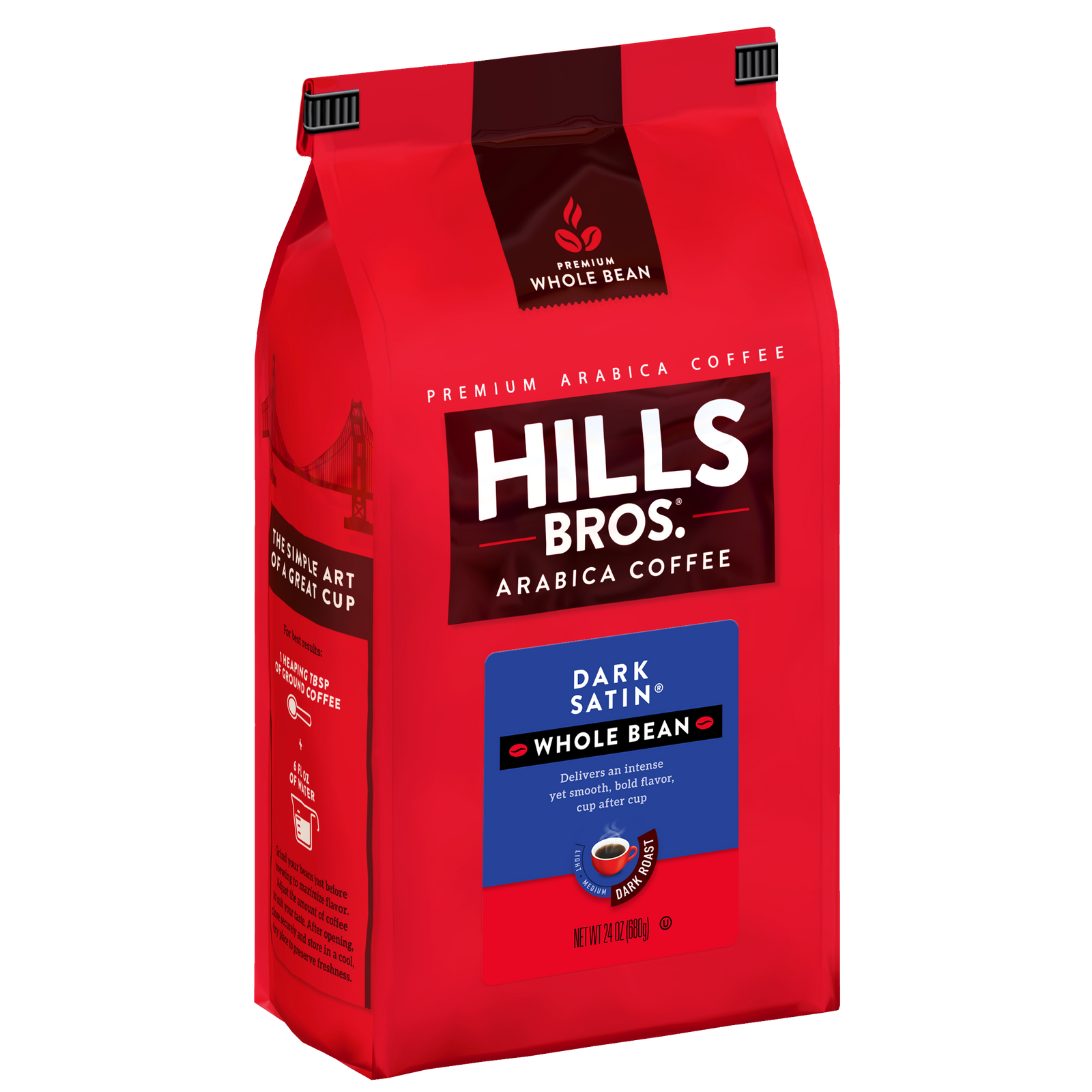 A red bag of Hills Bros. Coffee Dark Satin - Dark Roast - Whole Bean - Premium Arabica, 12 oz, featuring clear branding and product details on the packaging. This premium blend of whole bean Arabica coffee offers a bold, robust flavor in every cup, making it an excellent choice for discerning coffee enthusiasts.