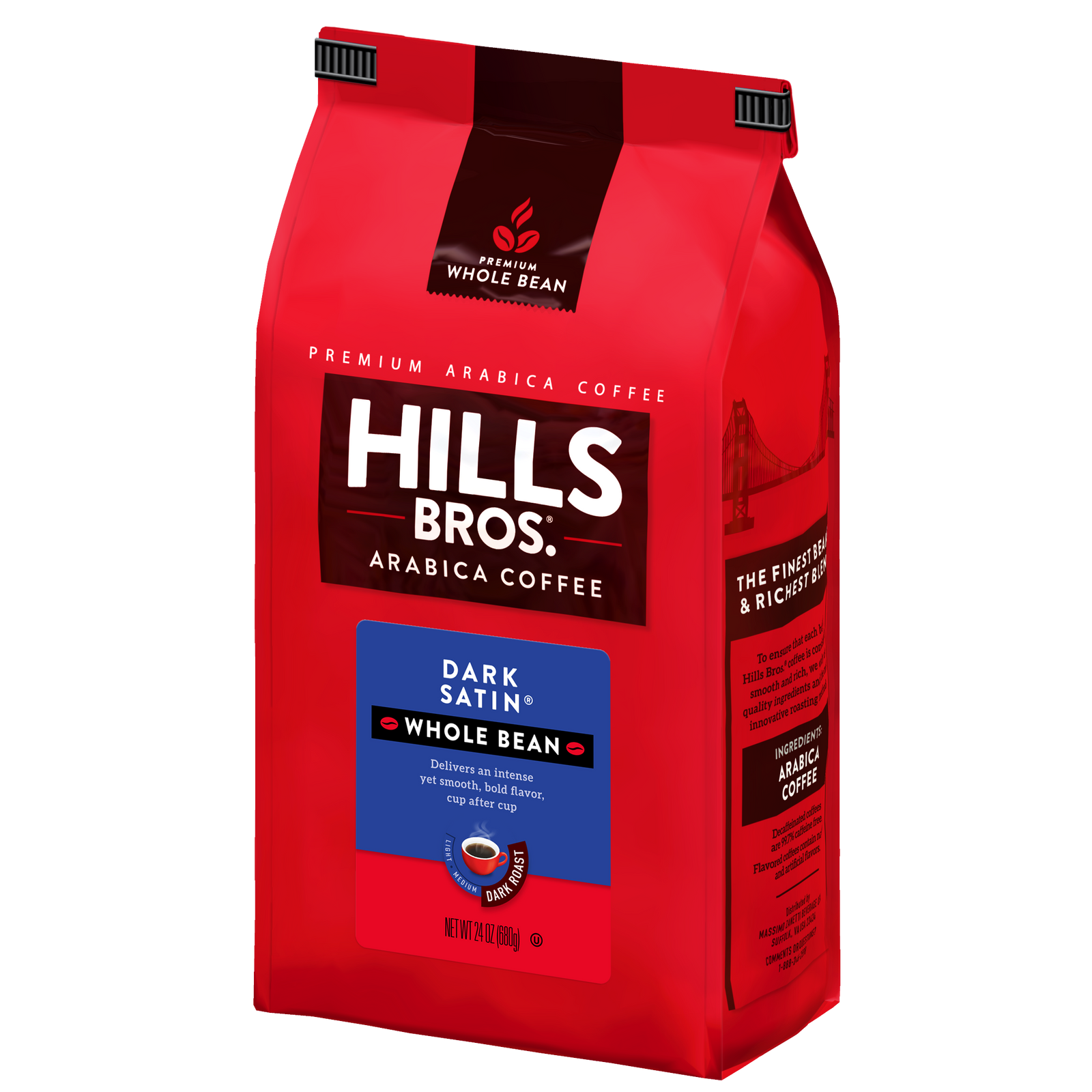 A 12-ounce red bag of Hills Bros. Coffee Dark Satin - Dark Roast - Whole Bean - Premium Arabica, featuring rich Arabica coffee beans, detailed product information, and a graphic of the Golden Gate Bridge on the side.