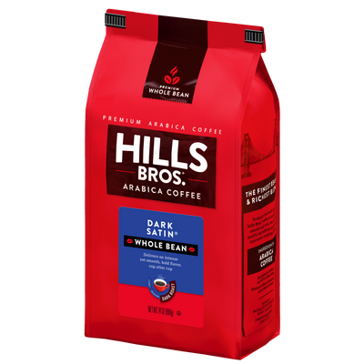 A 12-ounce red bag of Hills Bros. Coffee Dark Satin - Dark Roast - Whole Bean - Premium Arabica, featuring rich Arabica coffee beans, detailed product information, and a graphic of the Golden Gate Bridge on the side.
