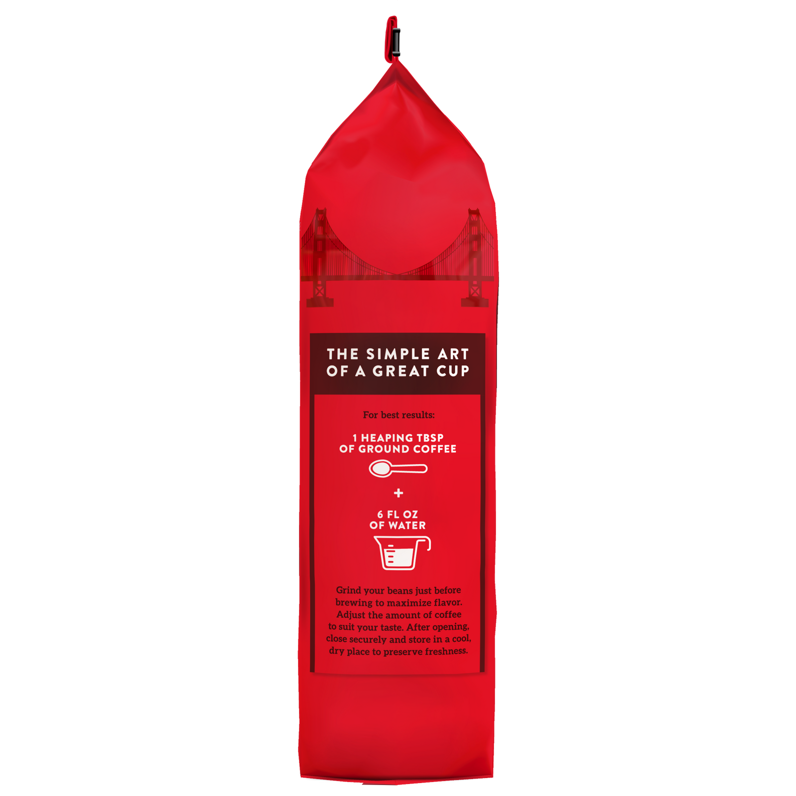 A red bag of Hills Bros. Coffee Dark Satin - Dark Roast - Whole Bean Premium Arabica with brewing instructions printed on the front, including a ratio of 1 heaping tablespoon of ground coffee to 6 fl oz of water.