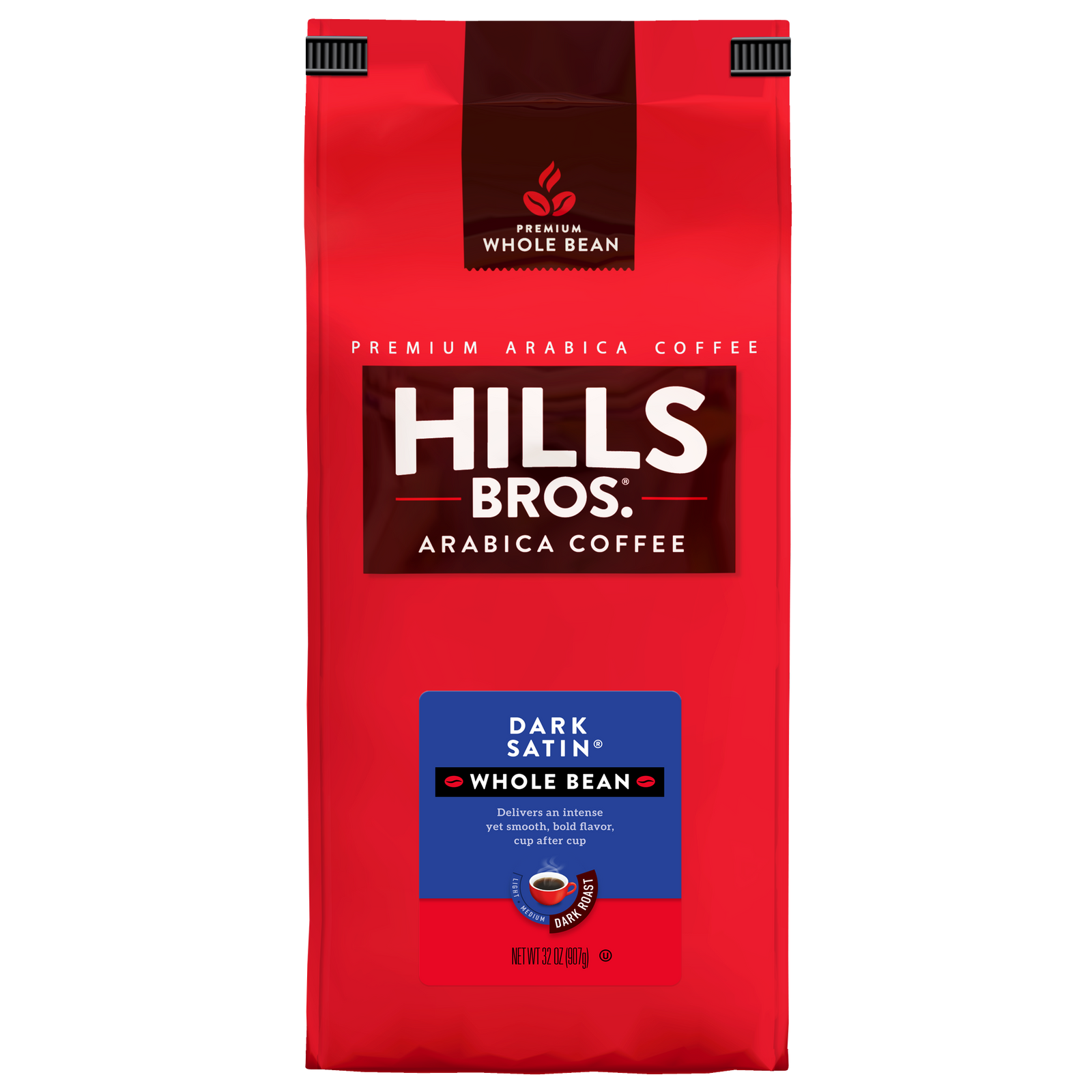 A red bag of Hills Bros. Coffee, labeled “Dark Satin – Dark Roast – Whole Bean – Premium Arabica,” features premium Arabica coffee beans and showcases its rich dark roast and whole bean qualities on the packaging.