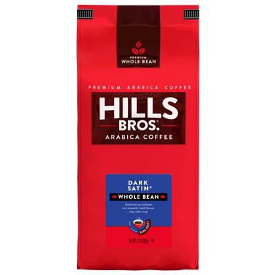 A red bag of Hills Bros. Coffee, labeled “Dark Satin – Dark Roast – Whole Bean – Premium Arabica,” features premium Arabica coffee beans and showcases its rich dark roast and whole bean qualities on the packaging.