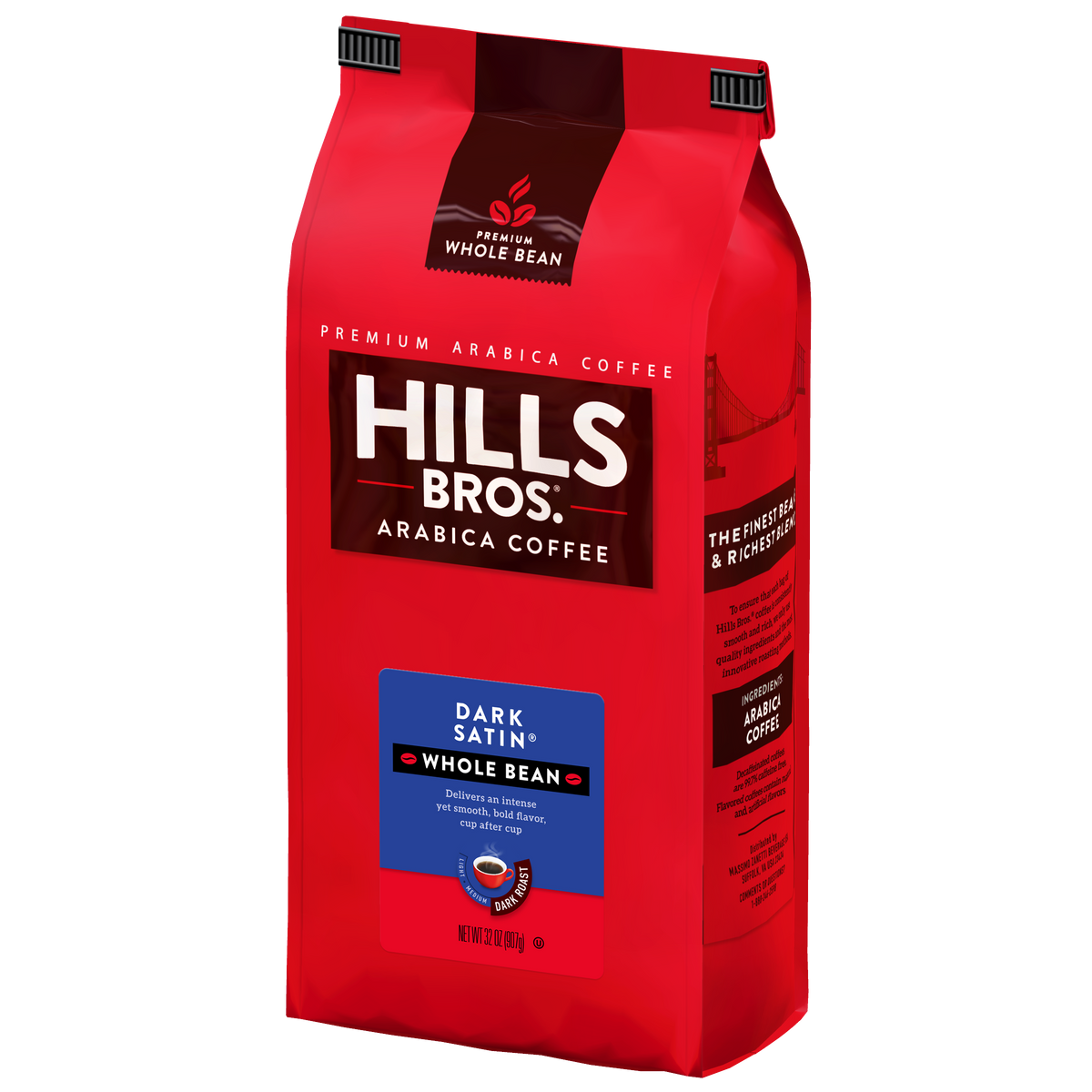 A red bag of Hills Bros. Coffee Dark Satin - Dark Roast whole bean coffee, 12 oz, crafted from premium Arabica beans for a rich flavor, as highlighted on the packaging. This gluten-free coffee offers quality in every cup.