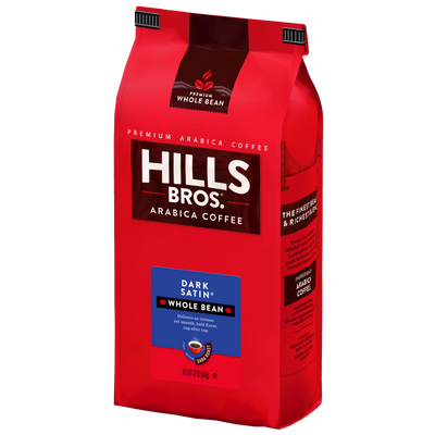 A red bag of Hills Bros. Coffee Dark Satin - Dark Roast whole bean coffee, 12 oz, crafted from premium Arabica beans for a rich flavor, as highlighted on the packaging. This gluten-free coffee offers quality in every cup.