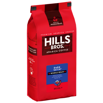 A red bag of Hills Bros. Coffee Dark Satin Dark Roast Whole Bean, made with premium Arabica beans. The resealable top keeps your gluten free coffee fresh, and product details are printed on the front.