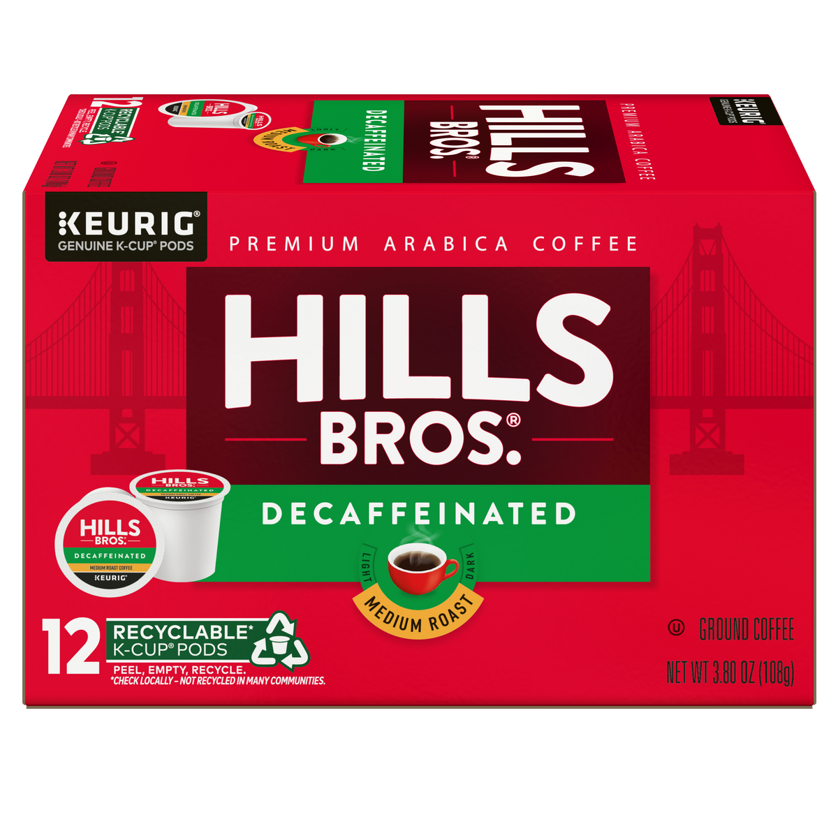 A red box of Hills Bros. Coffee Decaf Blend – Medium Roast K-Cup® Pods, featuring 12 single-serve pods made with premium Arabica beans, displays a Golden Gate Bridge graphic and recycling information on the front.