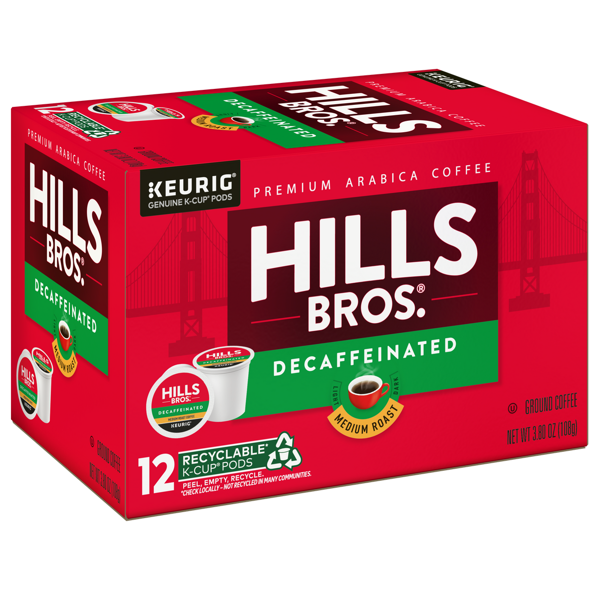 A red box of Hills Bros. Coffee Decaf Blend Medium Roast K-Cup® Pods, featuring 12 recyclable pods made with premium Arabica beans and a Golden Gate Bridge illustration in the background.