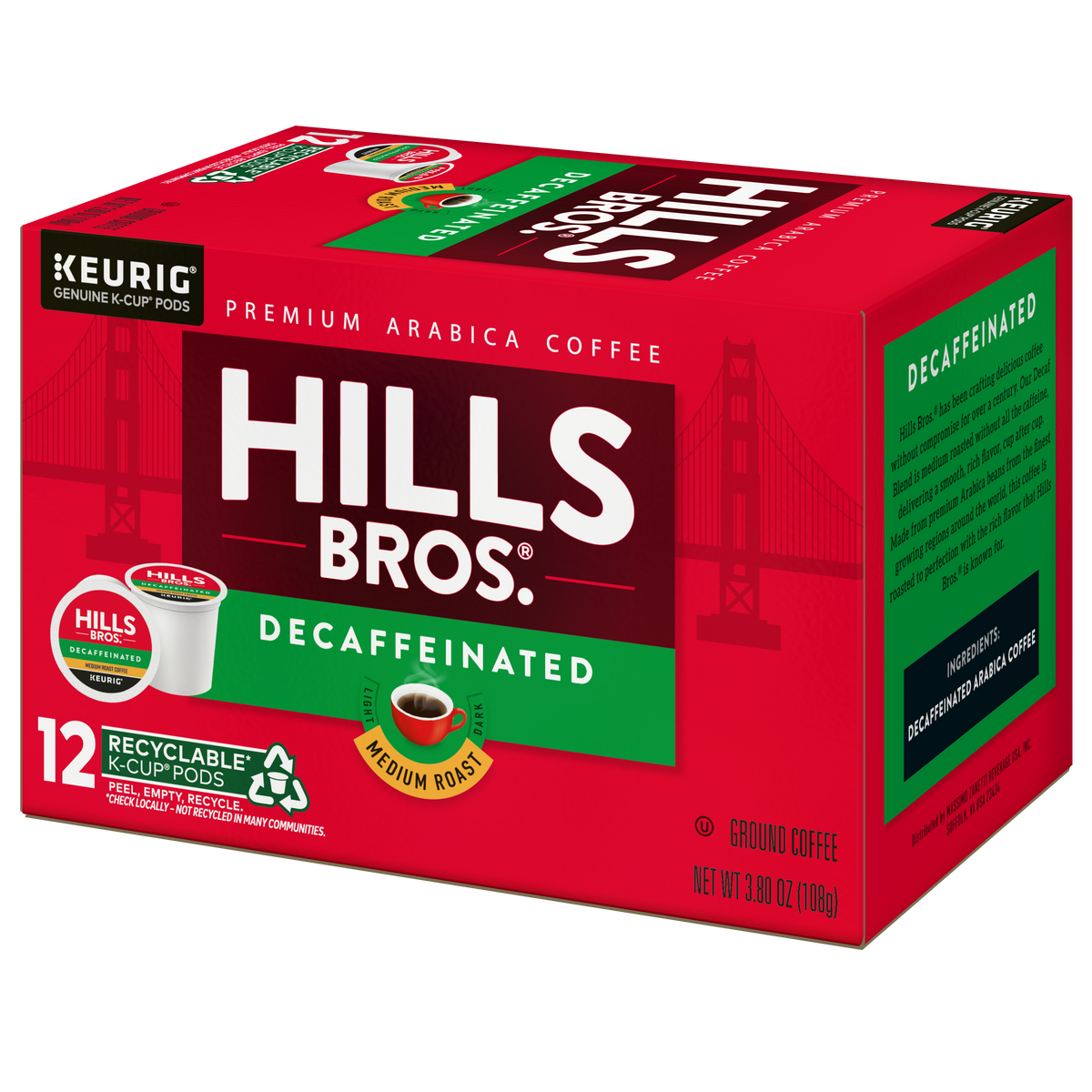 A box of Hills Bros. Coffee Decaf Blend - Medium Roast K-Cup® Pods includes 12 recyclable pods made from rich Arabica beans, featuring Golden Gate Bridge artwork on the packaging.
