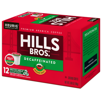 A box of Hills Bros. Coffee Decaf Blend - Medium Roast K-Cup® Pods includes 12 recyclable pods made from rich Arabica beans, featuring Golden Gate Bridge artwork on the packaging.
