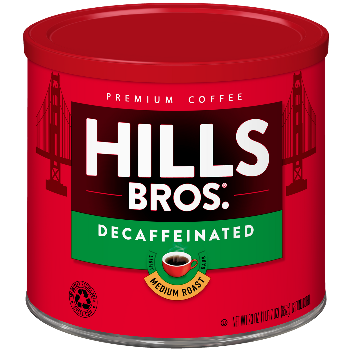 A red can of Hills Bros. Coffee Decaf Original Blend, Medium Roast, ground coffee, 23 oz, featuring a cup image and Golden Gate Bridge graphics on the label.