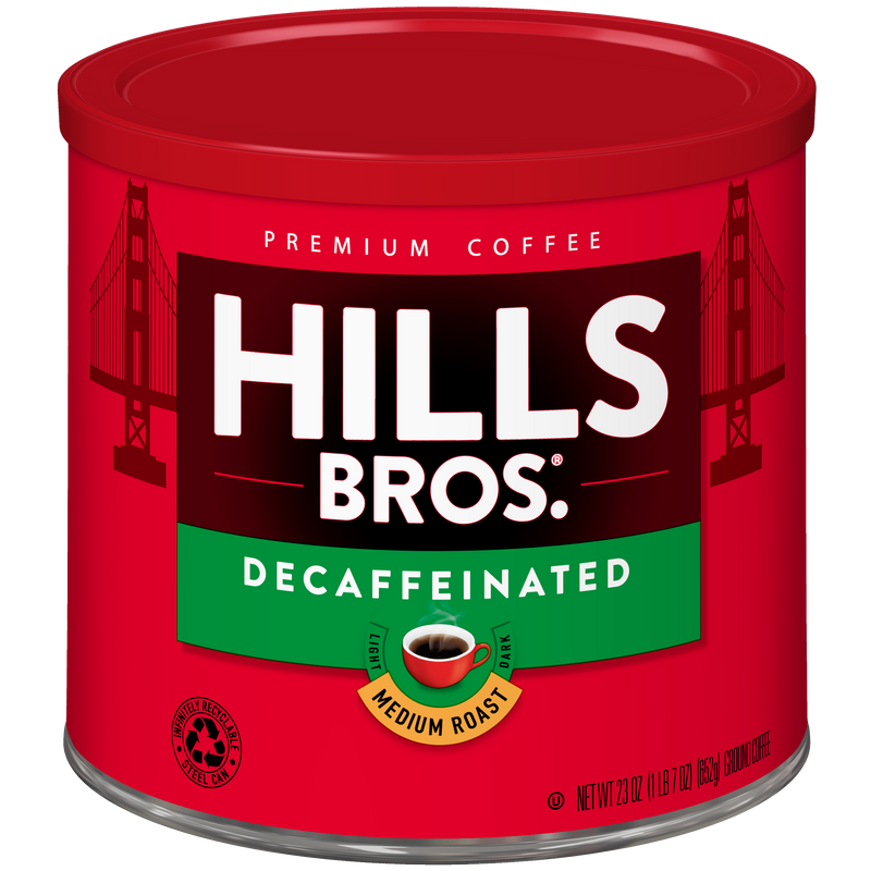 A red can of Hills Bros. Coffee Decaf Original Blend, Medium Roast, ground coffee, 23 oz, featuring a cup image and Golden Gate Bridge graphics on the label.