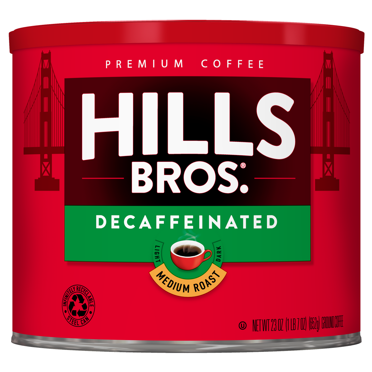 A 23 oz red can of Hills Bros. Coffee Decaf Original Blend Medium Roast Ground, featuring the Golden Gate Bridge and a cup of coffee on the label. This medium roast ground coffee delivers rich flavor without the caffeine.