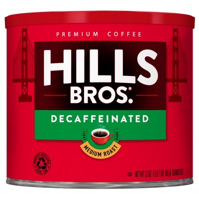 A 23 oz red can of Hills Bros. Coffee Decaf Original Blend Medium Roast Ground, featuring the Golden Gate Bridge and a cup of coffee on the label. This medium roast ground coffee delivers rich flavor without the caffeine.