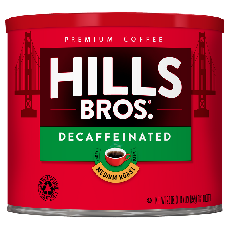 A 23 oz red can of Hills Bros. Coffee Decaf Original Blend Medium Roast Ground, featuring the Golden Gate Bridge and a cup of coffee on the label. This medium roast ground coffee delivers rich flavor without the caffeine.