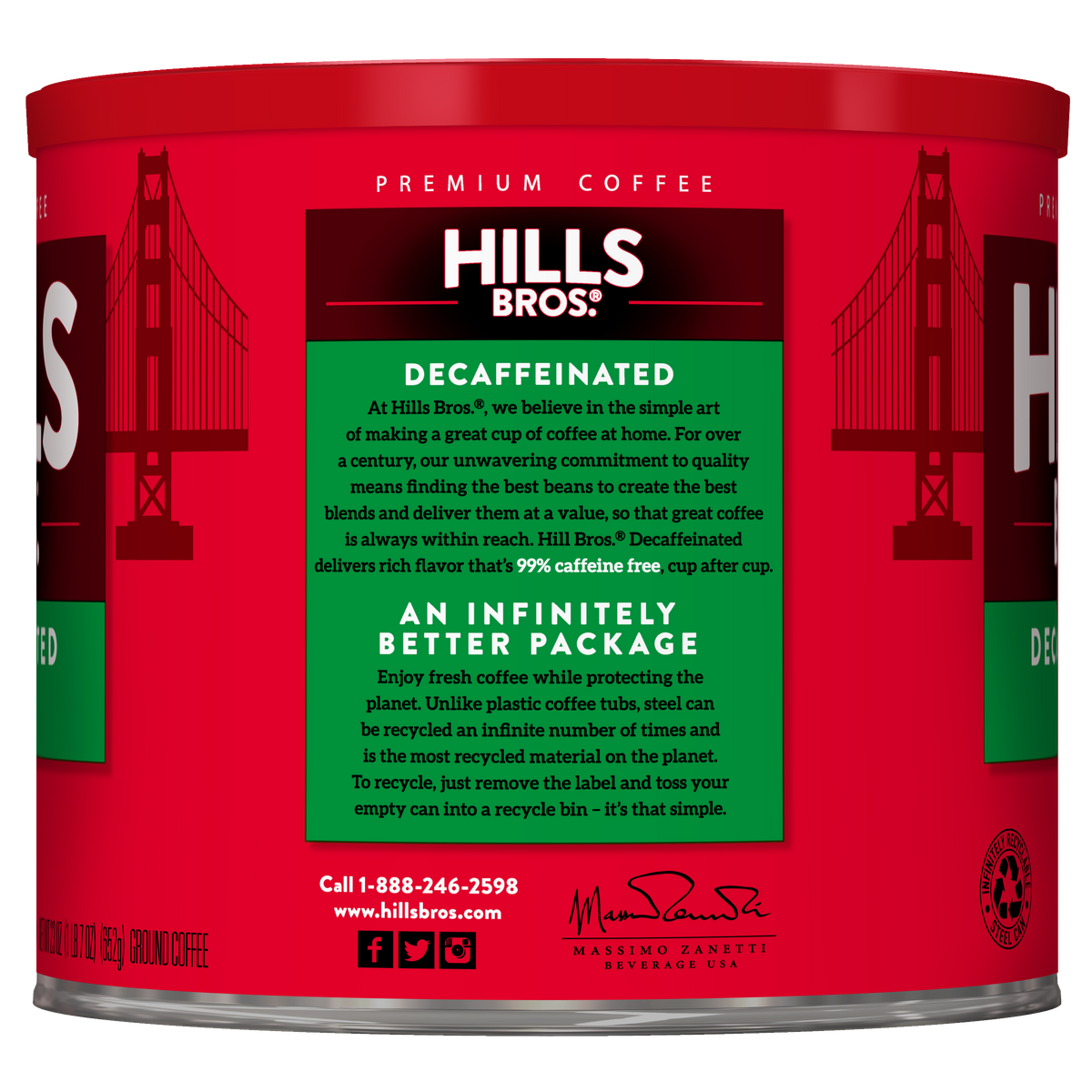 A red can of Hills Bros. Coffee Decaf Original Blend Medium Roast Ground displays product information and branding, including the Golden Gate Bridge graphic and recycling instructions.