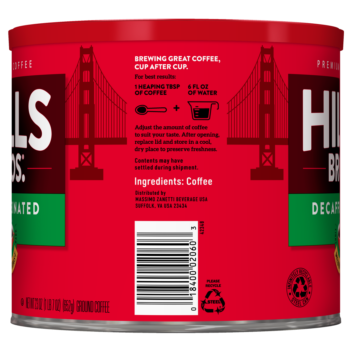 A red can of Hills Bros. Coffee Decaf Original Blend - Medium Roast - Ground, showcasing brewing instructions, ingredients, a barcode, and a label with an illustration of the Golden Gate Bridge.