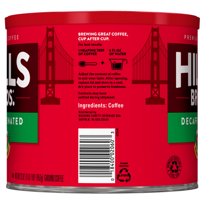 A red can of Hills Bros. Coffee Decaf Original Blend - Medium Roast - Ground, showcasing brewing instructions, ingredients, a barcode, and a label with an illustration of the Golden Gate Bridge.