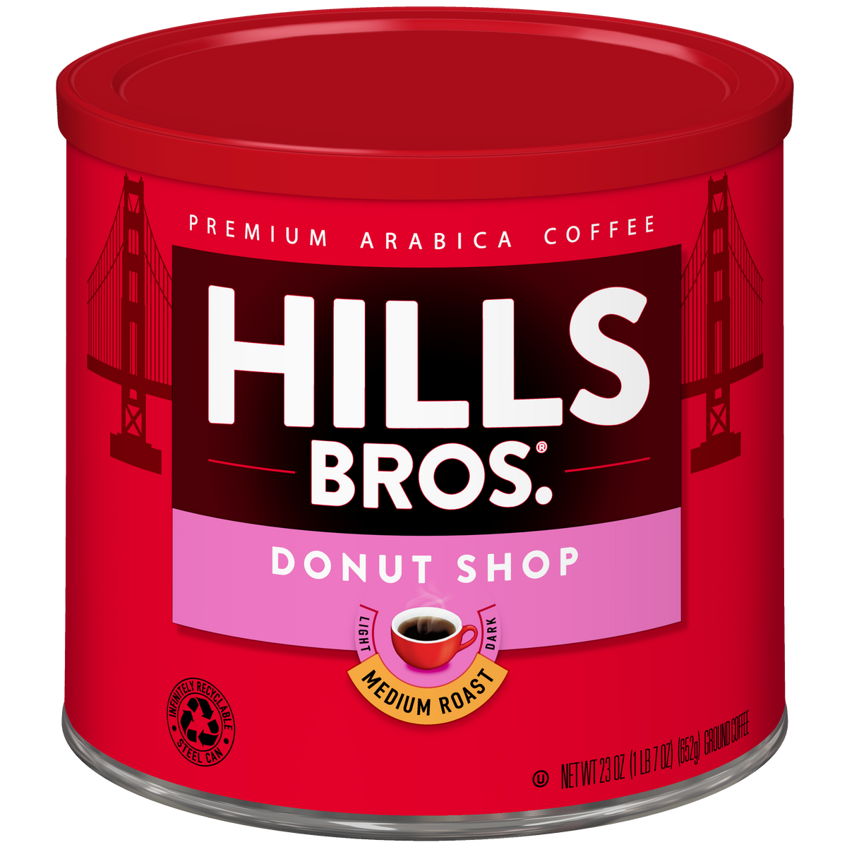 A 23 oz red canister of Hills Bros. Coffee Donut Shop Medium Roast Ground, made from premium Arabica beans, with a label displaying a Golden Gate Bridge illustration and a small coffee cup graphic.