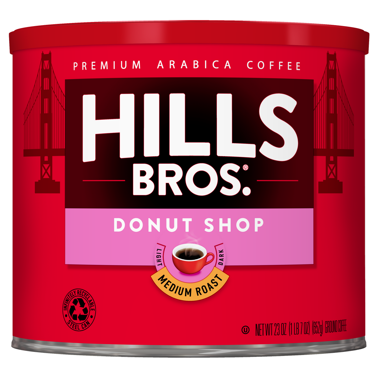 A red can of Hills Bros. Coffee Donut Shop Medium Roast Ground, made from premium Arabica beans, featuring Golden Gate Bridge artwork in the background.