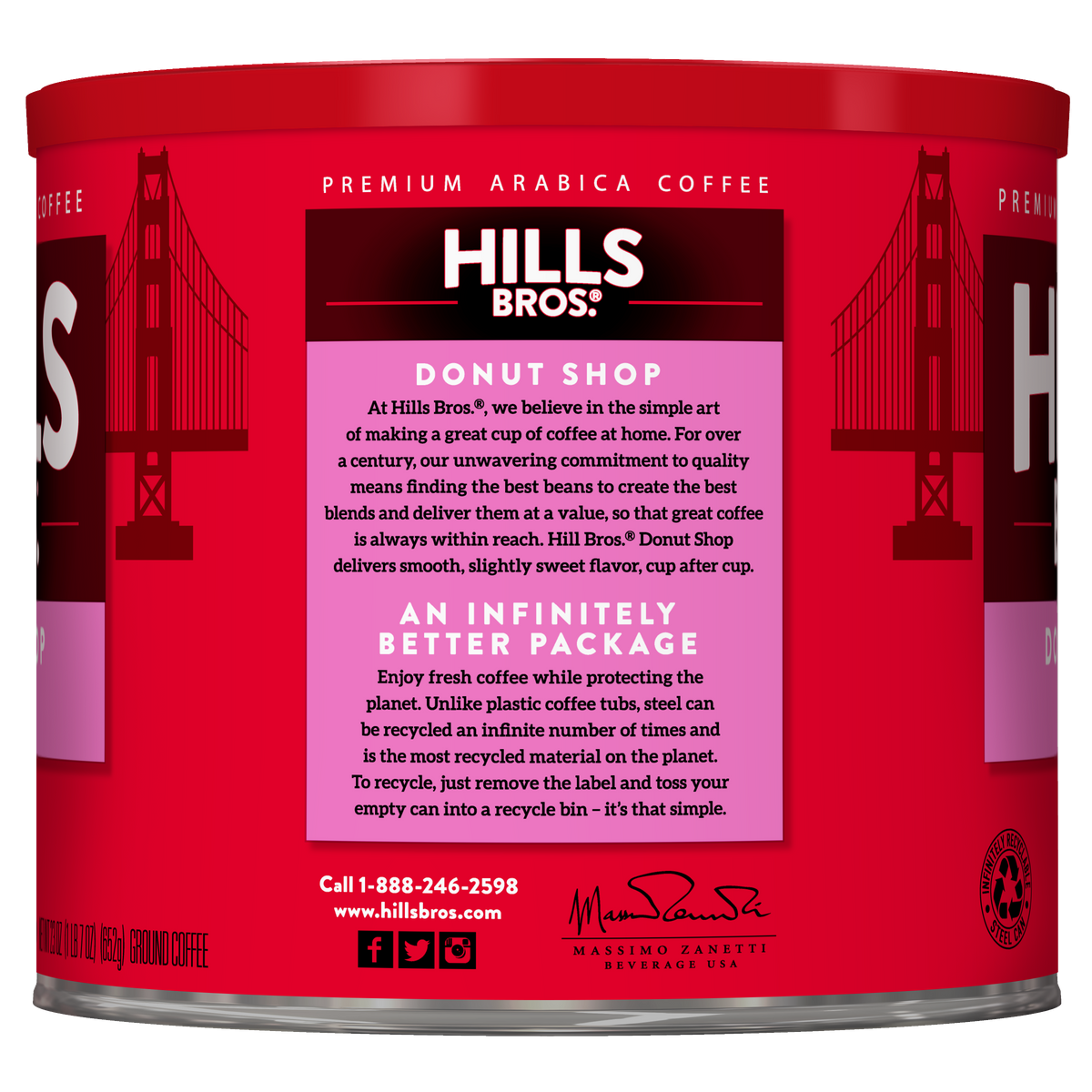 A red can of Hills Bros. Coffee Donut Shop Medium Roast Ground, made from premium Arabica beans, showcases information about the Donut Shop blend and highlights the recyclable packaging printed on the side.
