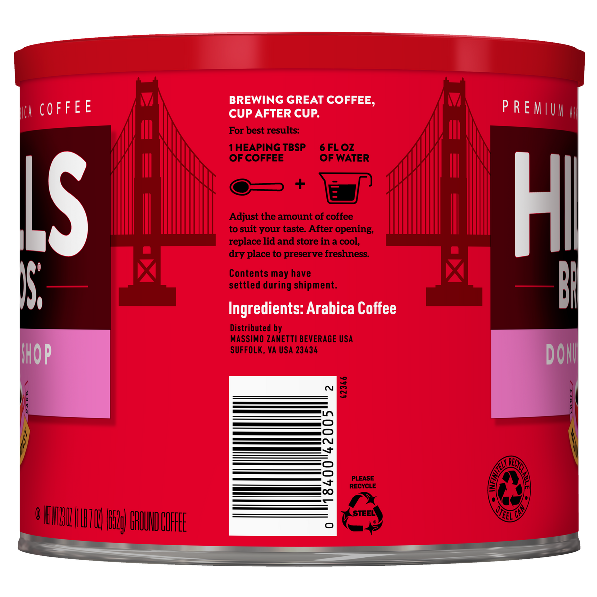 A red can of Hills Bros. Coffee Donut Shop Medium Roast Ground, made from premium Arabica beans, with brewing instructions and ingredients provided on the label.