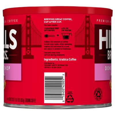 A red can of Hills Bros. Coffee Donut Shop Medium Roast Ground, made from premium Arabica beans, with brewing instructions and ingredients provided on the label.