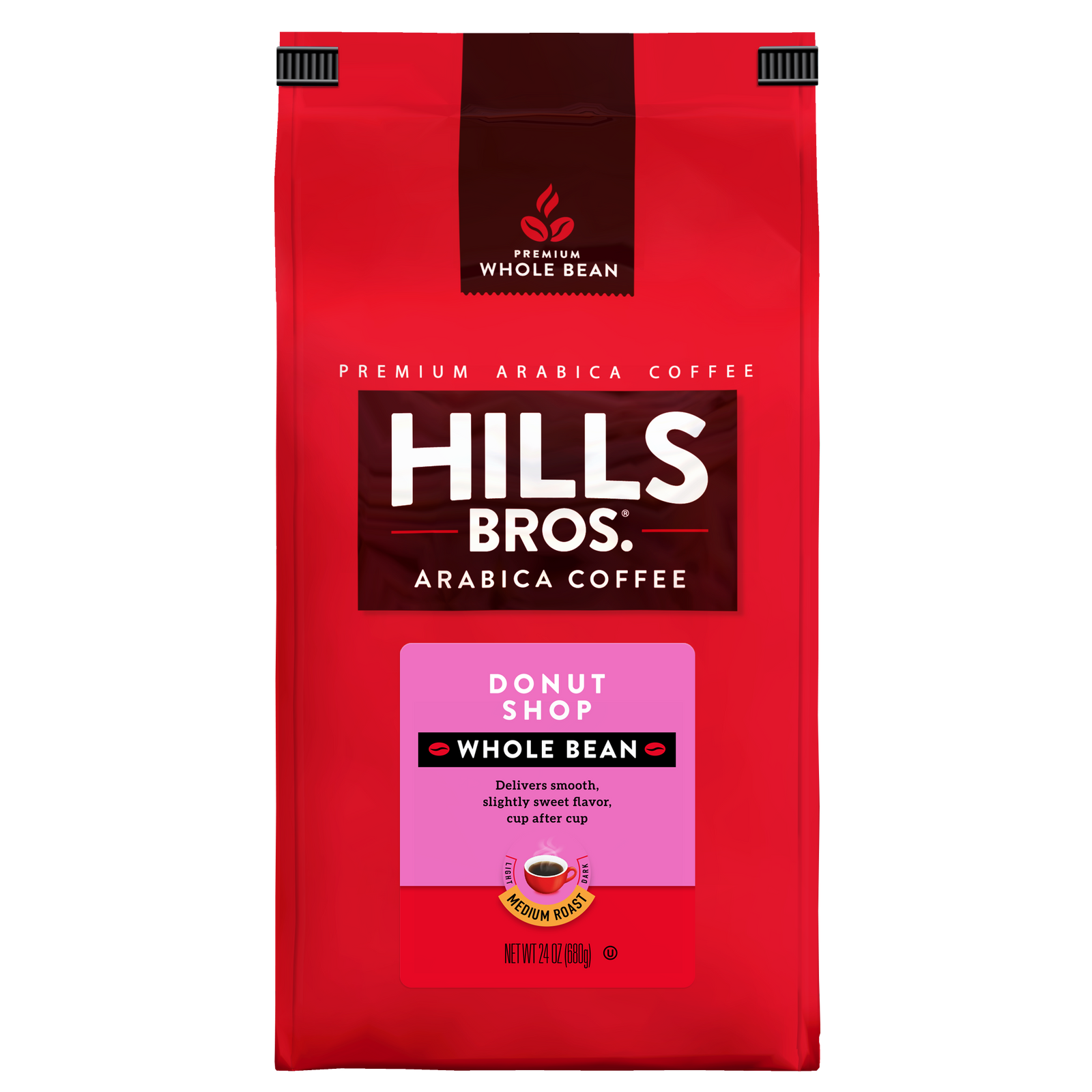 A 24 oz red bag of Hills Bros. Coffee Donut Shop - Medium Roast - Whole Bean - Premium Arabica, featuring a smooth, premium flavor.