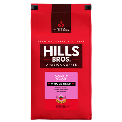A 24 oz red bag of Hills Bros. Coffee Donut Shop - Medium Roast - Whole Bean - Premium Arabica, featuring a smooth, premium flavor.