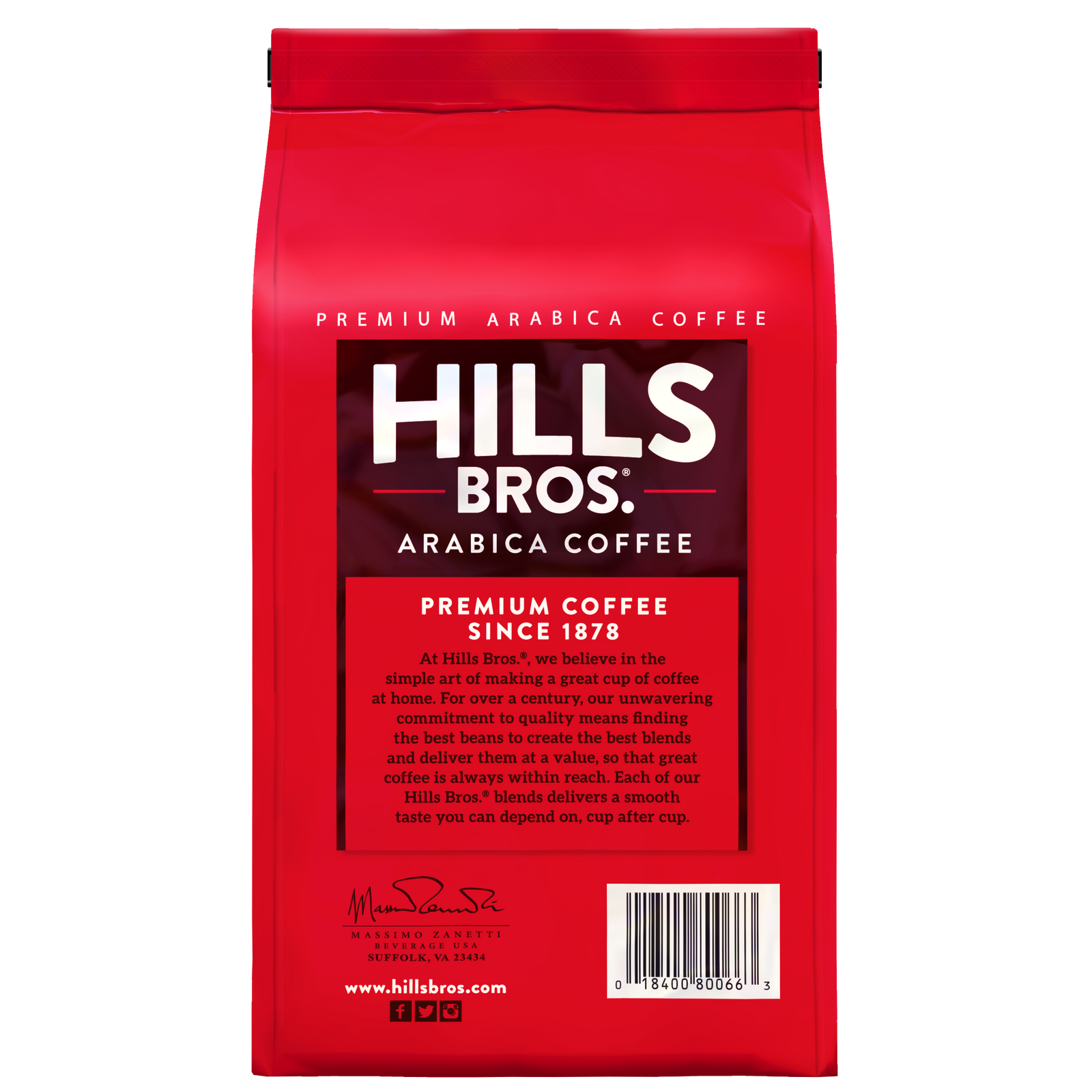A red bag of Hills Bros. Coffee Donut Shop Medium Roast Whole Bean Premium Arabica, with white text and a description highlighting the brand’s tradition and dedication to quality coffee since 1878.