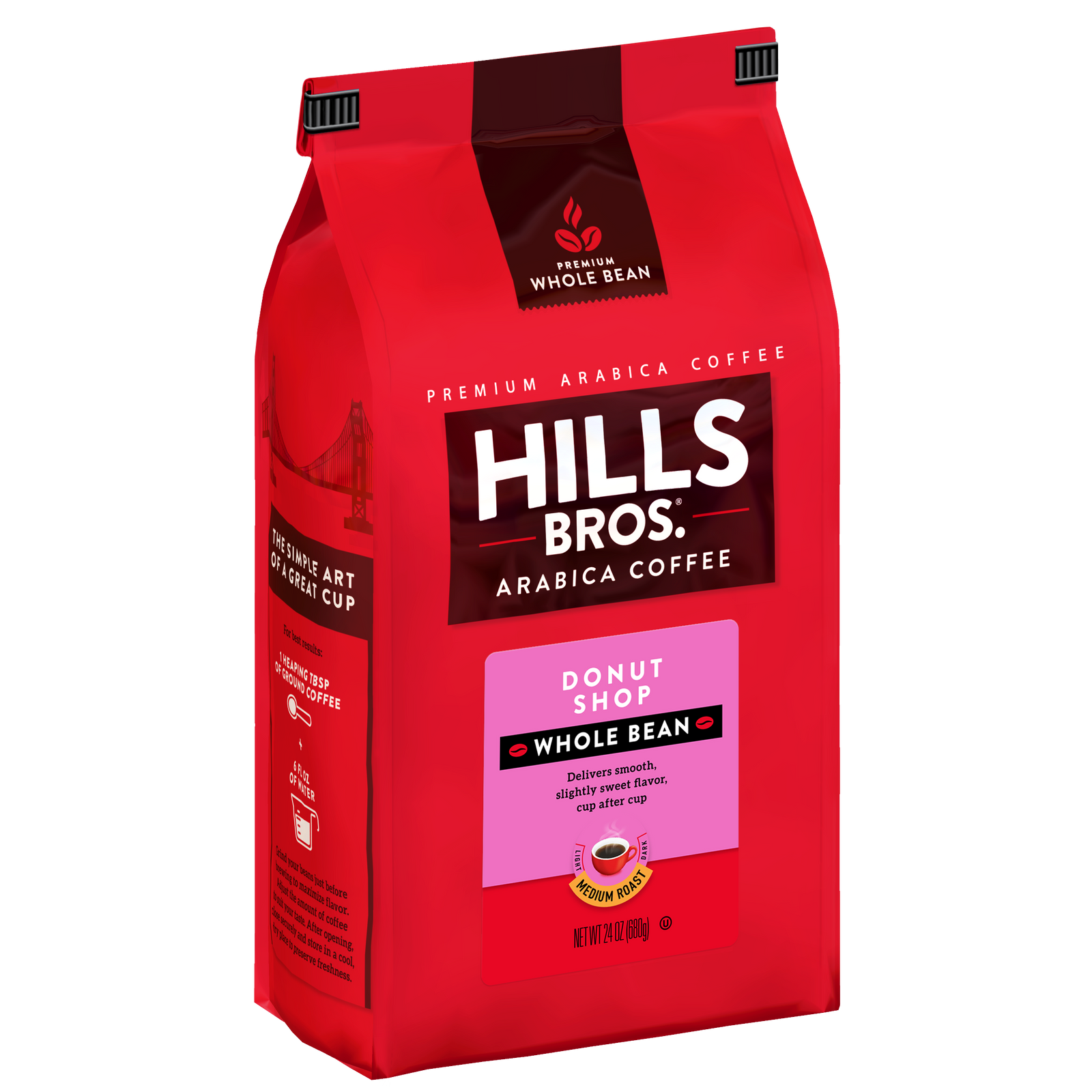 A red bag of Hills Bros. Coffee Donut Shop Medium Roast Whole Bean, 12 oz., featuring premium Arabica beans and distinctive branding and product details on the front.