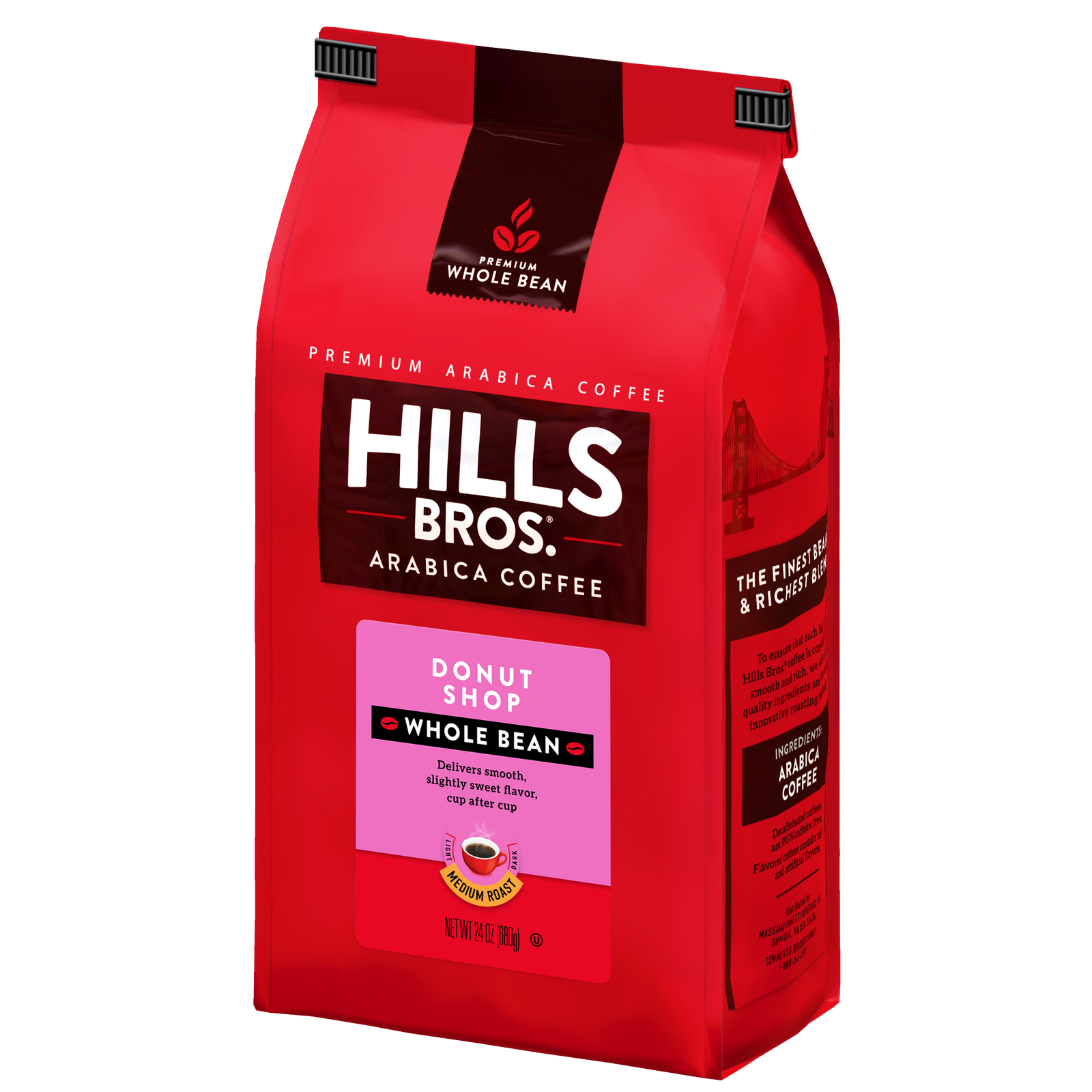 A red bag of Hills Bros. Coffee Donut Shop Medium Roast Whole Bean, made with premium Arabica beans, featuring product details and vibrant imagery of the Golden Gate Bridge.