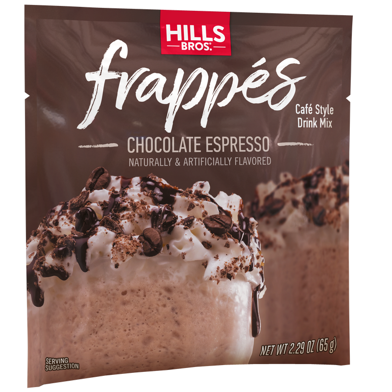 Enjoy a packet of Hills Bros. Frappes Chocolate Espresso drink mix, showcasing a mouthwatering image of a café-style beverage topped with whipped cream, chocolate drizzle, and coffee beans—ideal for crafting a delicious coffeehouse experience at home.