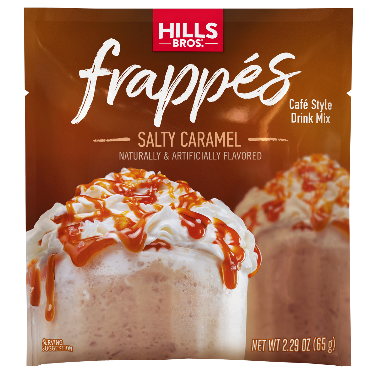 Hills Bros. Frappes Salty Caramel single serve drink mix pouch, featuring an image of an iced beverage topped with caramel and whipped cream; gluten free, net weight 2.29 oz (65g).