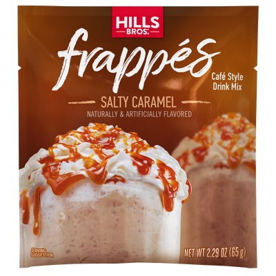 Hills Bros. Frappes Salty Caramel single serve drink mix pouch, featuring an image of an iced beverage topped with caramel and whipped cream; gluten free, net weight 2.29 oz (65g).