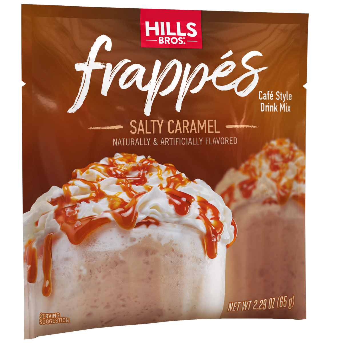 Hills Bros. Frappes Salty Caramel single serve frappé drink mix packet, featuring an enticing image of a caramel drink topped with whipped cream on the front.