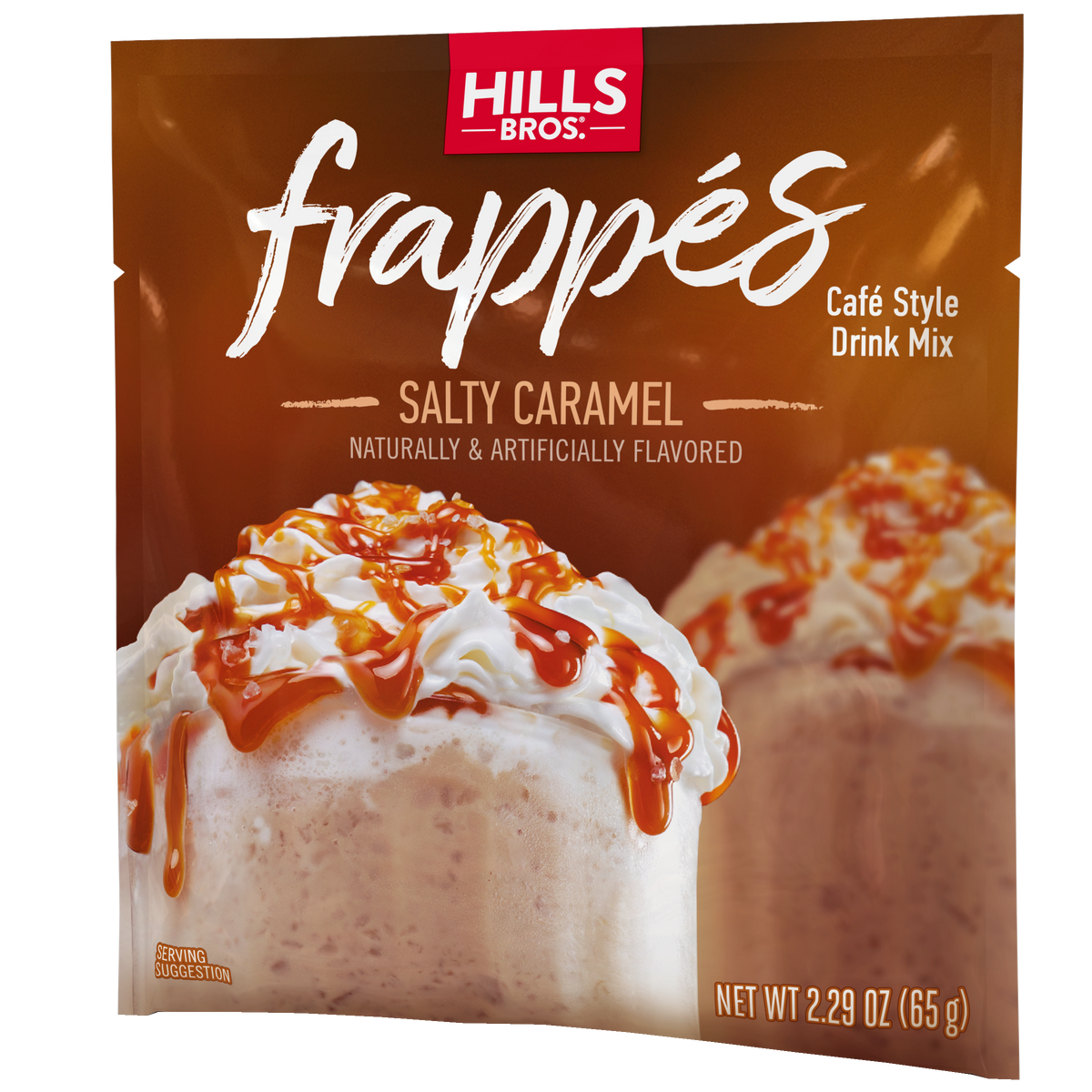Hills Bros. Frappes Salty Caramel single serve drink mix packet, a delicious café style frappé featuring an image of a blended caramel-topped beverage with whipped cream and caramel drizzle. This gluten free treat has a net weight of 2.29 oz (65g).