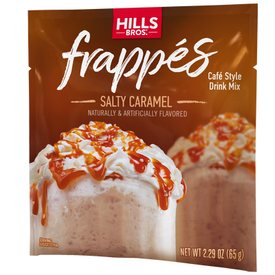 Hills Bros. Frappes Salty Caramel single serve drink mix packet, a delicious café style frappé featuring an image of a blended caramel-topped beverage with whipped cream and caramel drizzle. This gluten free treat has a net weight of 2.29 oz (65g).