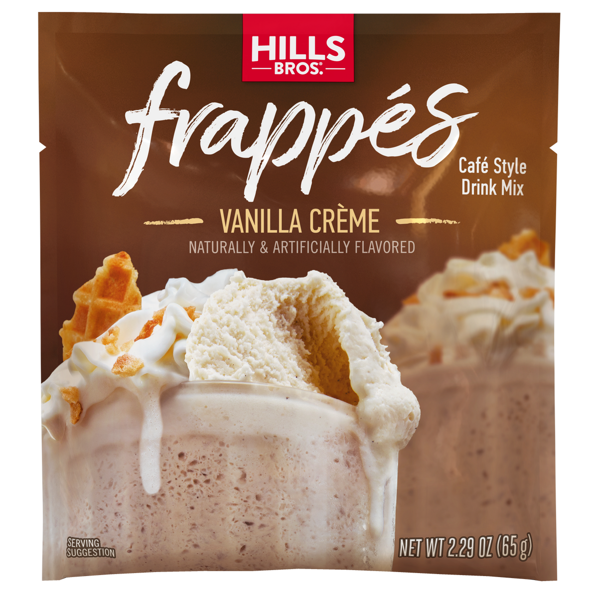 Hills Bros. Frappes Frappés Vanilla Creme café-style frappé drink mix package, showcasing a delicious glass of vanilla crème frappé garnished with whipped cream and cookie crumbles. Net weight: 2.29 oz (65g).
