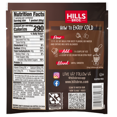 Back of a Hills Bros. Frappés Vanilla Creme drink mix packet displaying nutrition facts, preparation instructions for a frozen beverage or vanilla creme frappé, social media details, barcode, and allergen information.