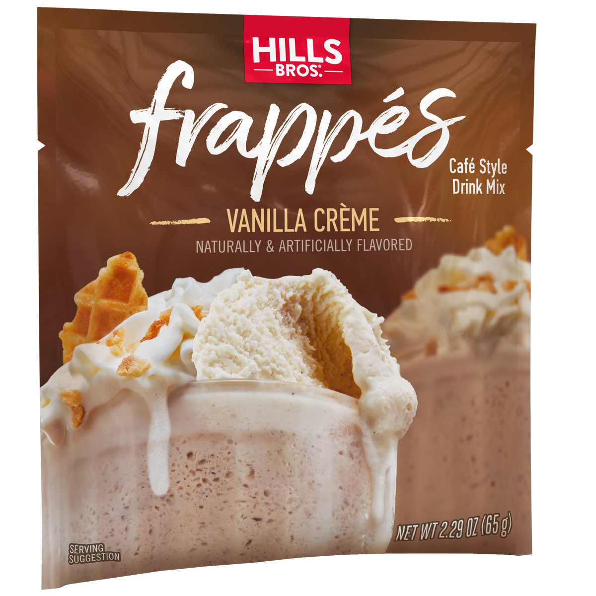 A packet of Hills Bros. Frappes Frappés Vanilla Creme cafe-style drink mix, showcasing an image of a rich vanilla creme frappé topped with whipped cream and waffle pieces—the ideal frozen beverage for any occasion.