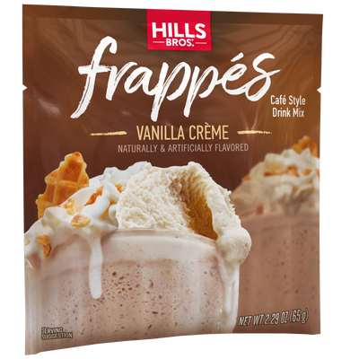 A packet of Hills Bros. Frappes Frappés Vanilla Creme cafe-style drink mix, showcasing an image of a rich vanilla creme frappé topped with whipped cream and waffle pieces—the ideal frozen beverage for any occasion.