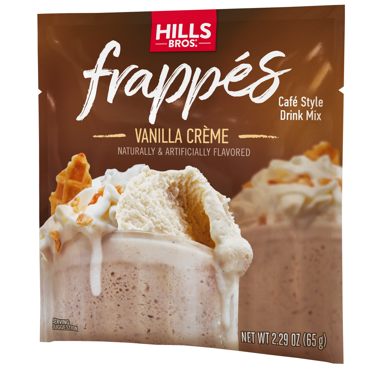 A packet of Hills Bros. Frappés Vanilla Creme drink mix, featuring a creamy frozen beverage topped with whipped cream and wafer pieces.