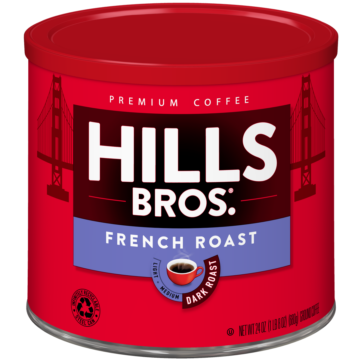 A 24 oz red can of Hills Bros. Coffee French Roast Dark Roast Ground, featuring Golden Gate Bridge illustrations on the label and made from expertly selected premium coffee beans.