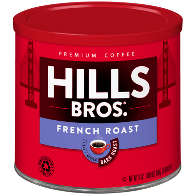 A 24 oz red can of Hills Bros. Coffee French Roast Dark Roast Ground, featuring Golden Gate Bridge illustrations on the label and made from expertly selected premium coffee beans.