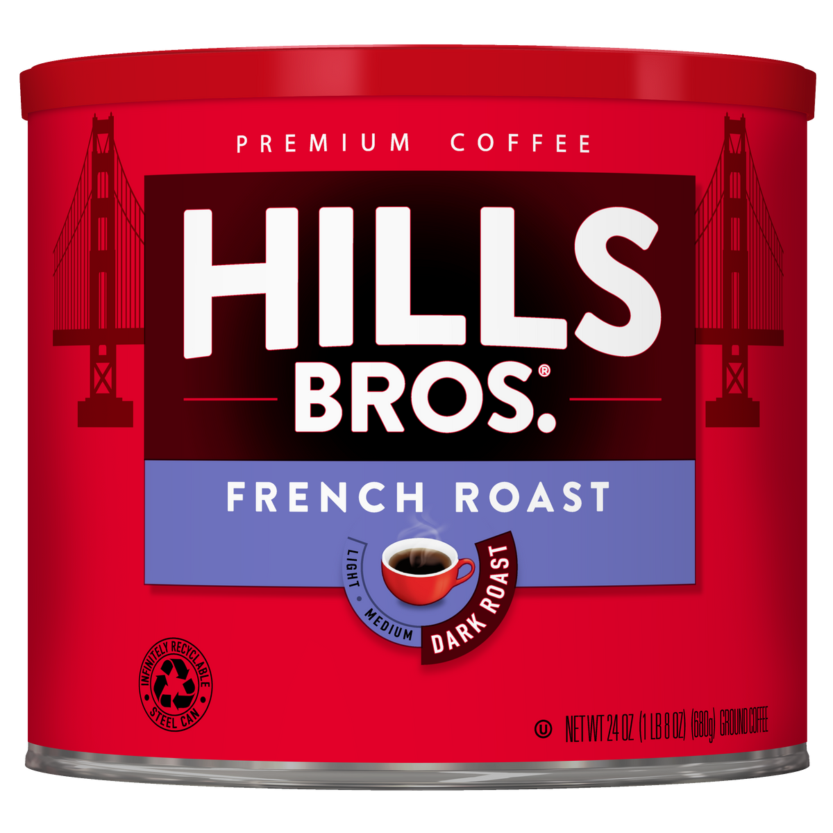A 24 oz red can of Hills Bros. Coffee French Roast - Dark Roast - Ground, adorned with a cup icon and an illustration of San Francisco’s Golden Gate Bridge in the background—crafted from premium coffee beans for a rich and bold flavor.