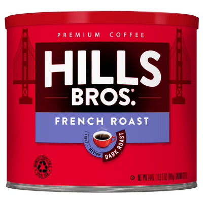 A 24 oz red can of Hills Bros. Coffee French Roast - Dark Roast - Ground, adorned with a cup icon and an illustration of San Francisco’s Golden Gate Bridge in the background—crafted from premium coffee beans for a rich and bold flavor.