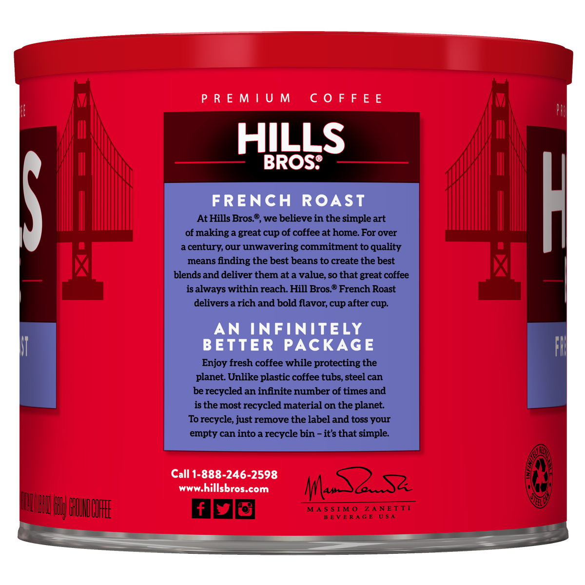 A red can of Hills Bros. Coffee French Roast - Dark Roast - Ground, made from premium coffee beans, featuring product information and recycling instructions printed on the label.