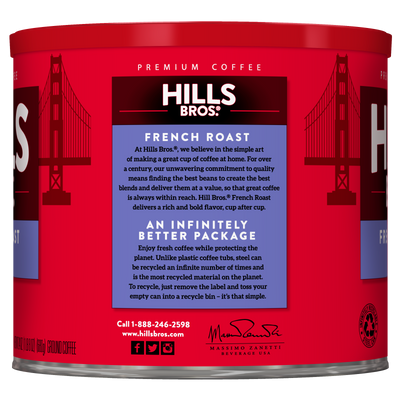 A red can of Hills Bros. Coffee French Roast - Dark Roast - Ground, made from premium coffee beans, featuring product information and recycling instructions printed on the label.