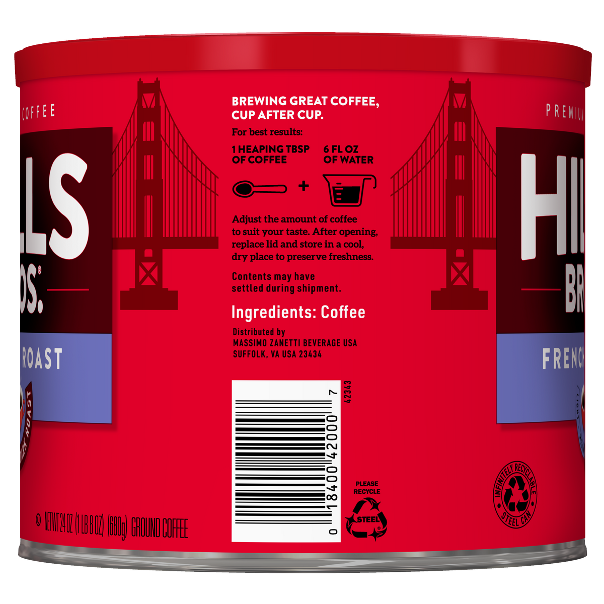 A red can of Hills Bros. Coffee French Roast - Dark Roast - Ground features preparation instructions, ingredients, a barcode, and an illustration of the Golden Gate Bridge, highlighting their signature dark blend made from premium coffee beans.